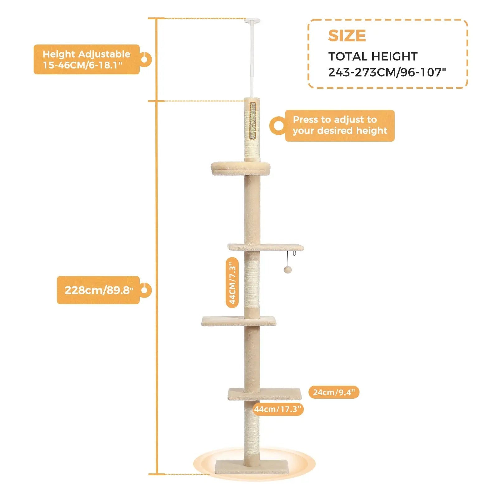 Adjustable Height Cat Tree Indoor Floor VelnoraUSA
